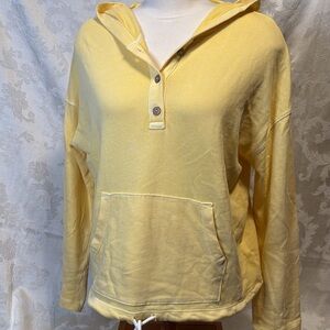 Yellow 3 button hoodie with front pouch pocket and drawstring rope waist